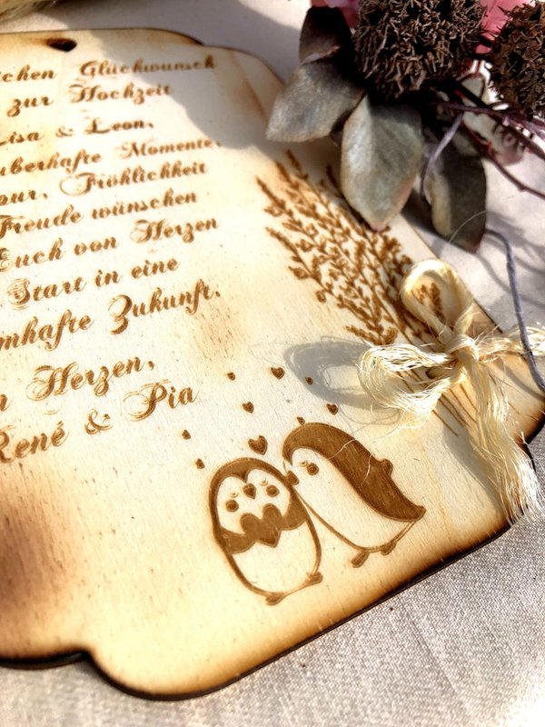 Hochzeitskarte personalisiert nach Wunsch "Pinguins", aus Holz mit Gravur