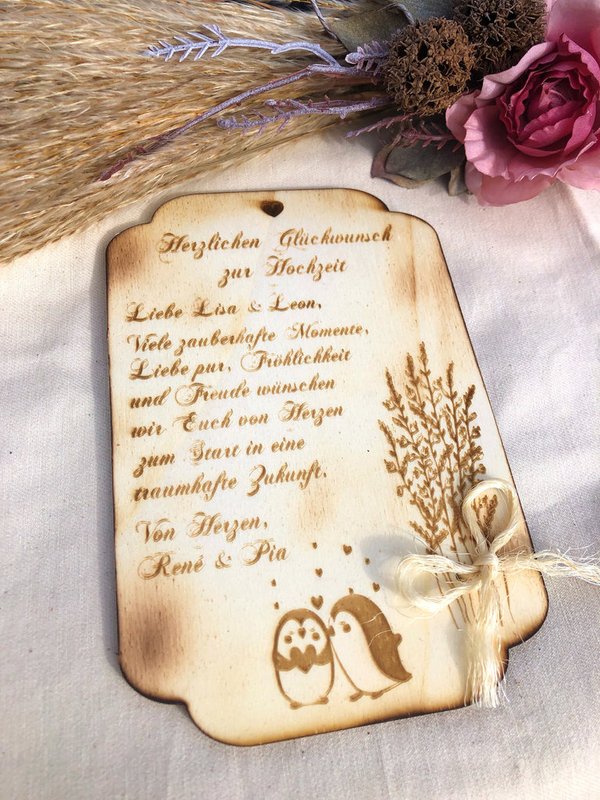 Hochzeitskarte personalisiert nach Wunsch "Pinguins", aus Holz mit Gravur