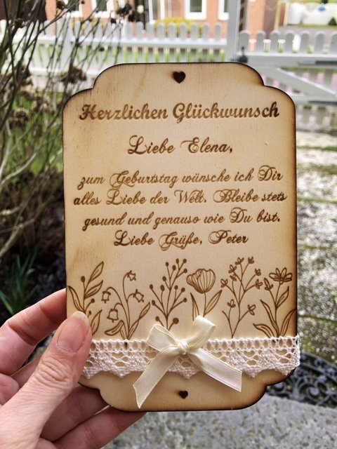 Geburtstagskarte mit "Trockenblumen“ personalisiert mit Wunschtext, aus Holz. 12x18 cm