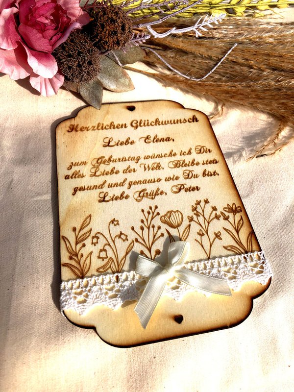 Geburtstagskarte mit "Trockenblumen“ personalisiert mit Wunschtext, aus Holz. 12x18 cm