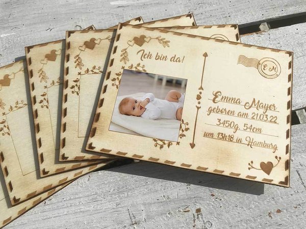 Geburtskarte personalisiert mit Name, Geburtsdaten und eigenes Foto