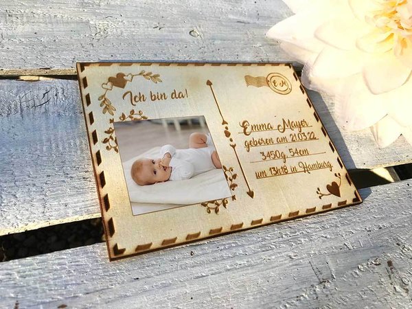 Geburtskarte personalisiert mit Name, Geburtsdaten und eigenes Foto
