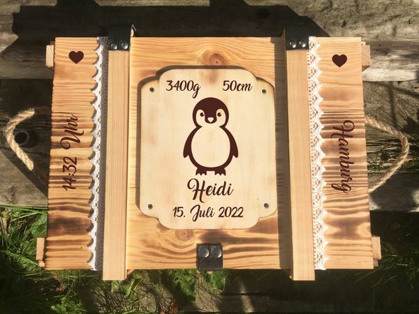 Baby Erinnerungskiste personalisiert "Pinguin" /Erinnerungsbox mit Geburtsdaten