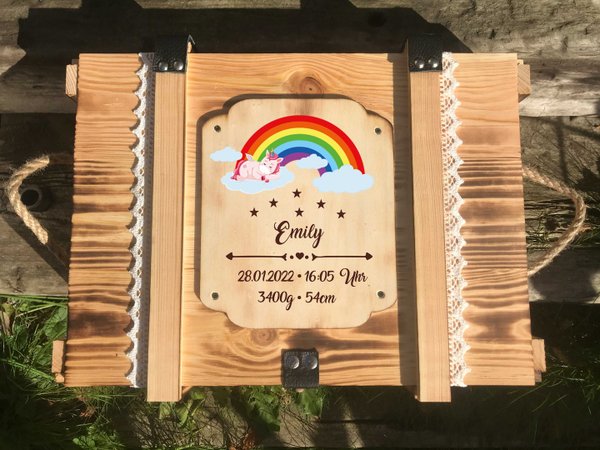 Baby Erinnerungstruhe personalisiert "Regenbogen & Einhorn" / Erinnerungsbox