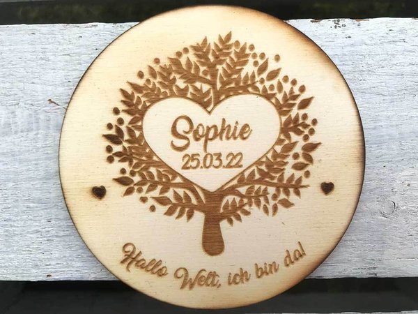 5x Geburtskarten aus Holz personalisiert mit Name, rund mit Lebensbaum