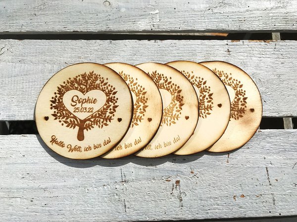5x cartes de naissance en bois personnalisées avec prénom, rondes avec arbre de vie