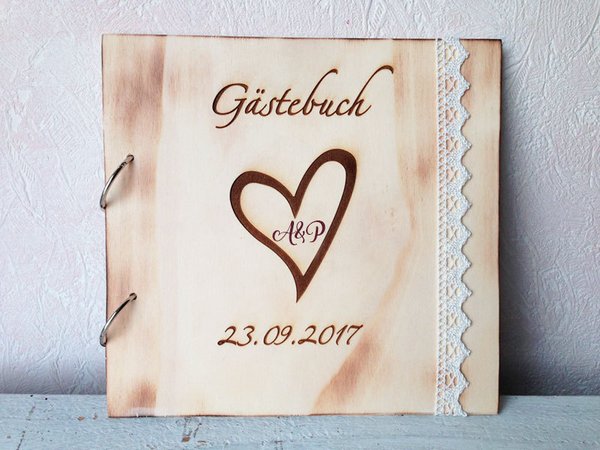 Hochzeitsgästebuch personalisiert mit eigenes Foto, aus Holz mit Gravur / Gästebuch Hochzeit