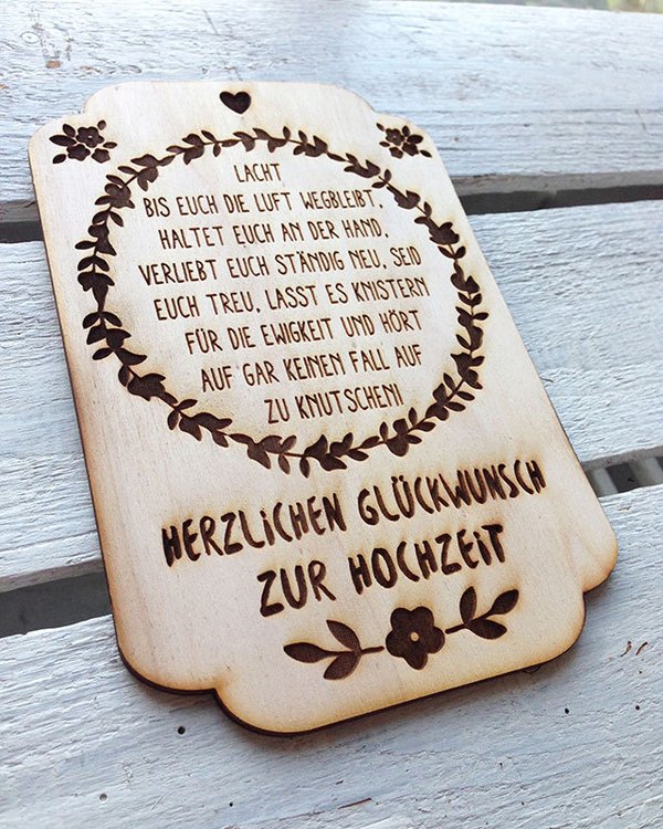 Hochzeitskarte personalisiert nach Wunsch "Blumenkranz", aus Holz mit Gravur